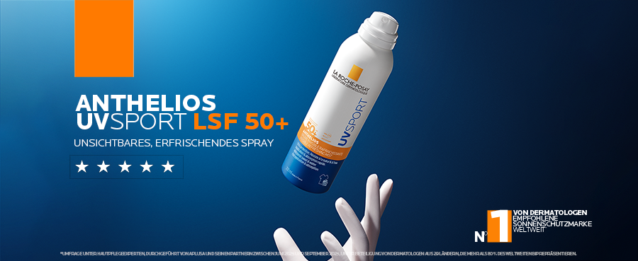 La Roche Posay Anthelios UV Sport Sonnenspray LSF 50+. Weißer Pumpspray mit orangefarbenem Etikett. 200ml. Empfohlen von Dermatologen.